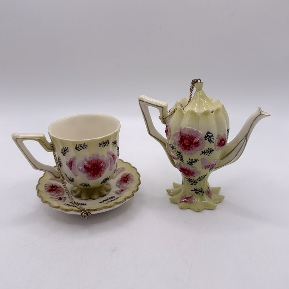 Nini Floral Ceramic Teapot Chain Lid Cup Saucer Collectible Decor Yellow Votive